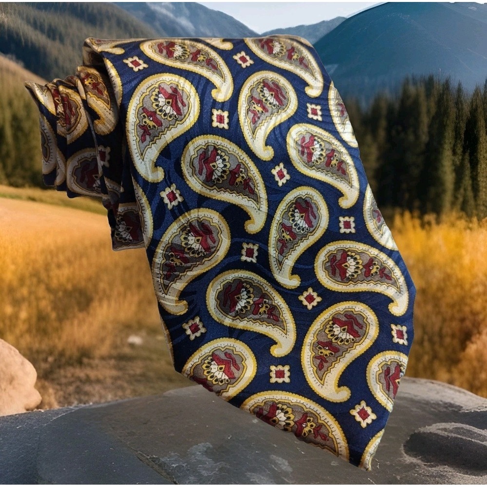 ☆RUBINACCI Luxury Men's‎ Italian Silk Necktie Tie Blue Gold Paisley 58x3.75 1348